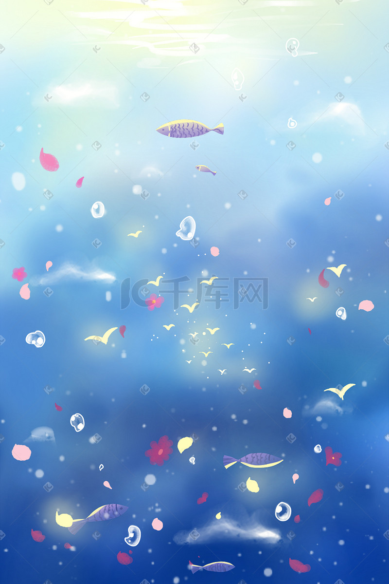 蓝色唯美治愈小清新海洋唯美海底鱼气泡图片