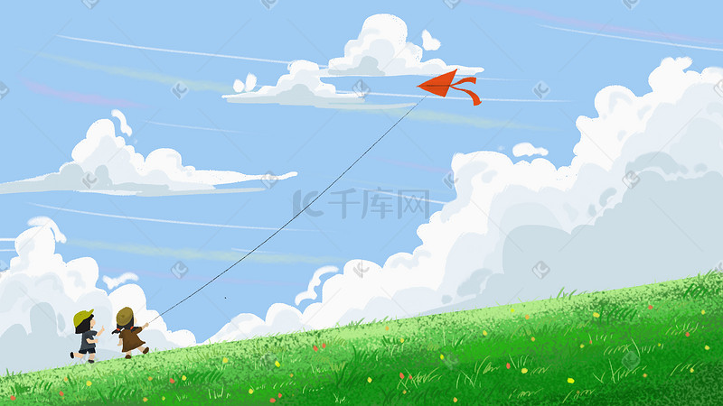 春天晴空万里蓝天白云小孩放风筝图片