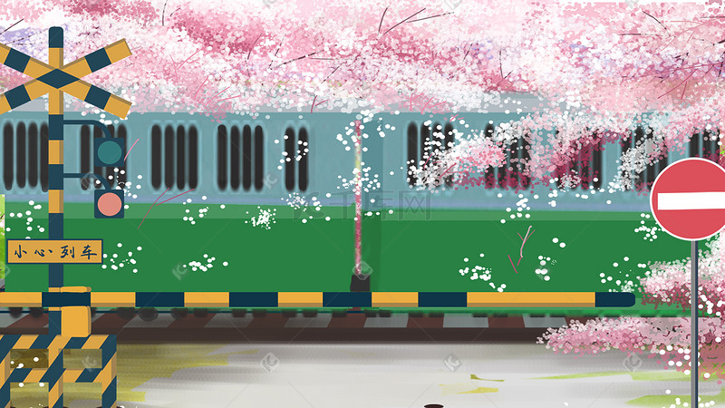 夏景春天日系唯美治愈樱花季火车轨道花朵花图片