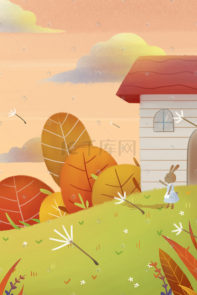 秋天的风景手绘房子和卡通兔子图片