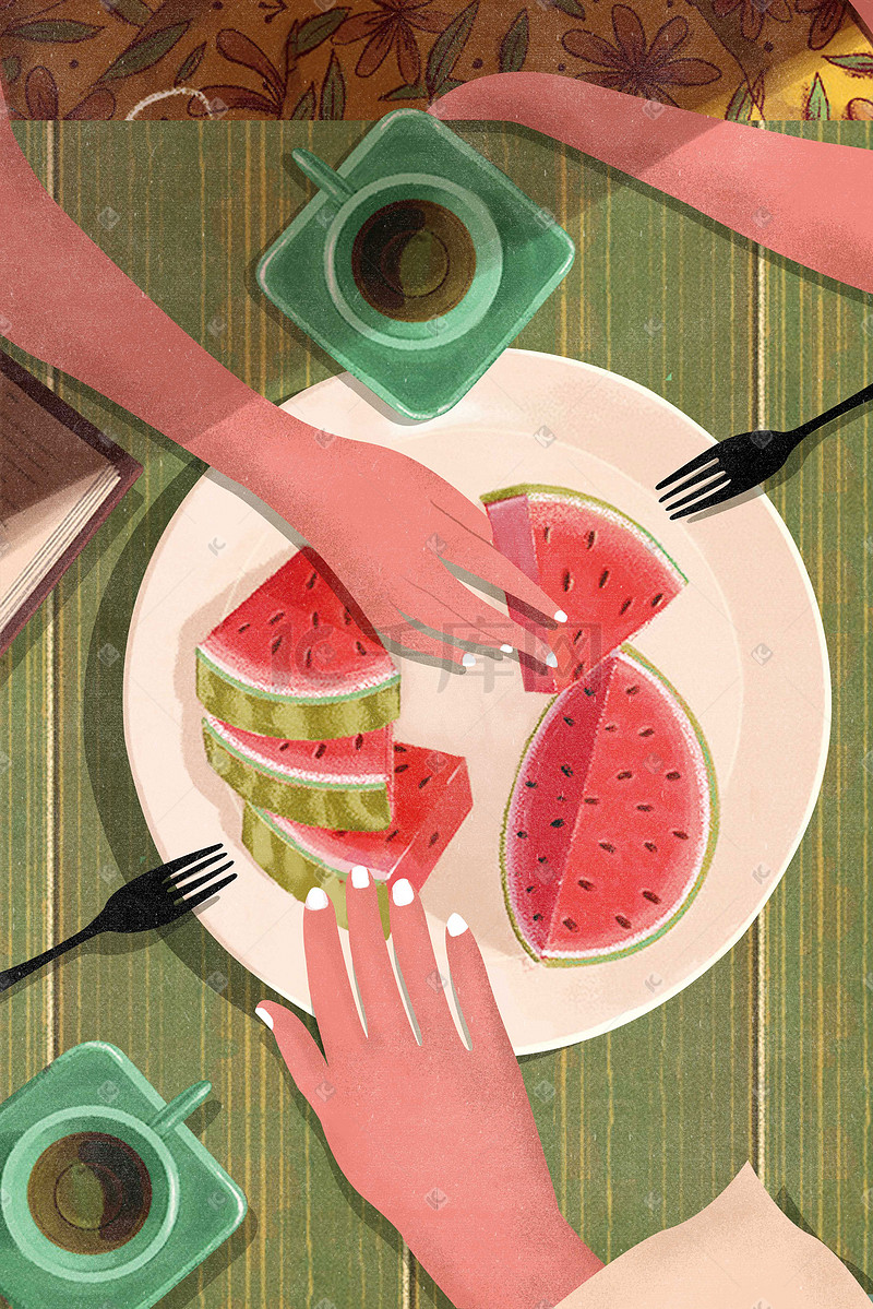 夏天西瓜插画手绘叉子盘子桌子盘子咖啡图片