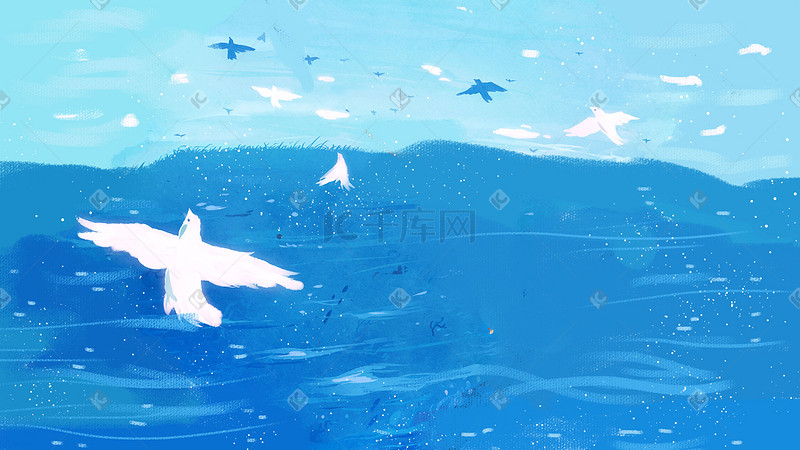 夏日蓝色大海治愈海洋海鸥唯美波浪图片