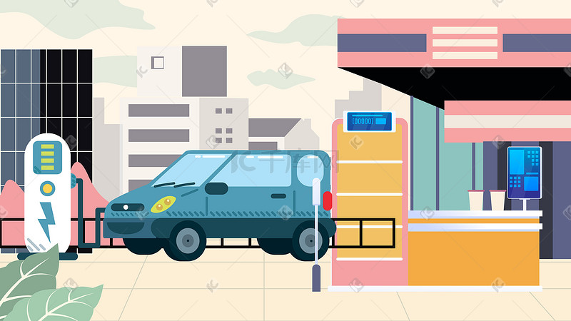 加油站充电站新能源汽车矢量插画科技图片