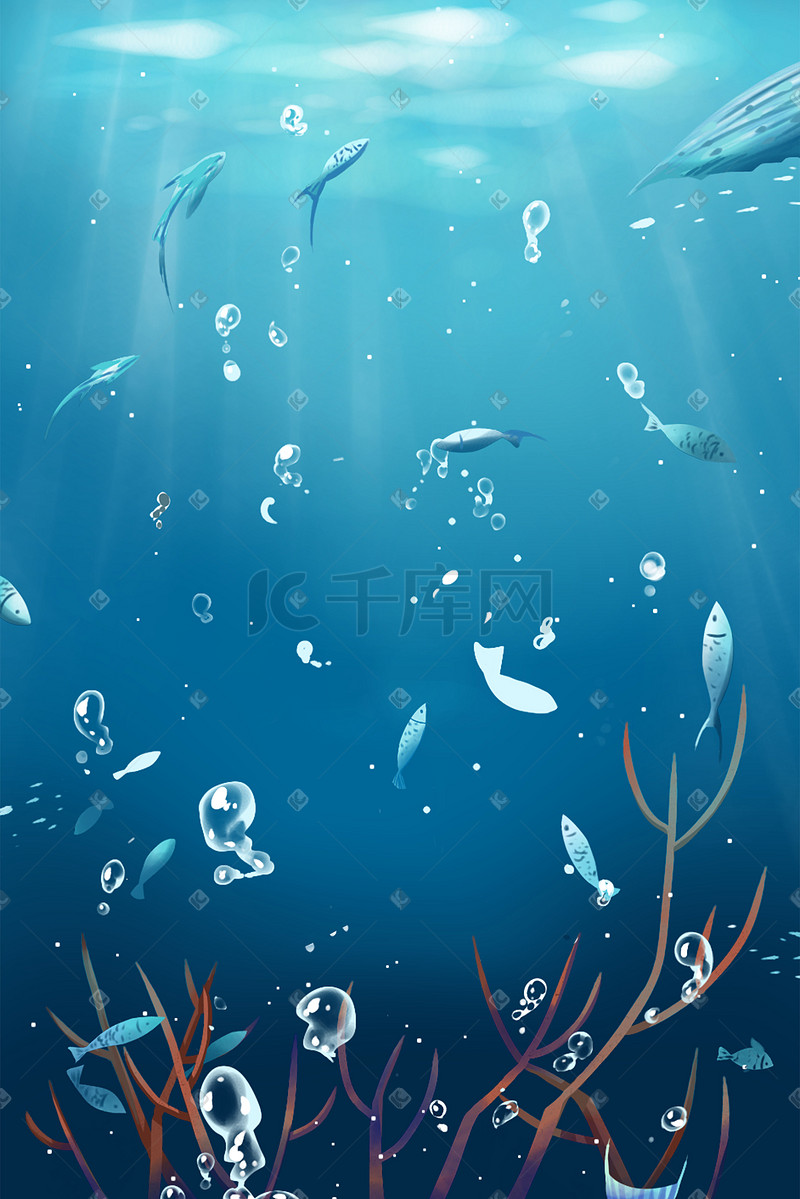夏天海洋蓝色治愈唯美海底手绘深海鱼群景色图片