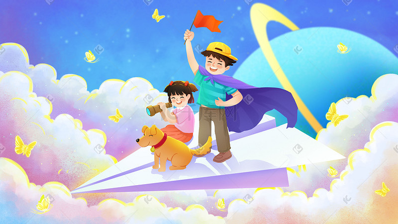 六一儿童节纸飞机云彩宠物儿童童贞玩耍友谊孩子六一图片