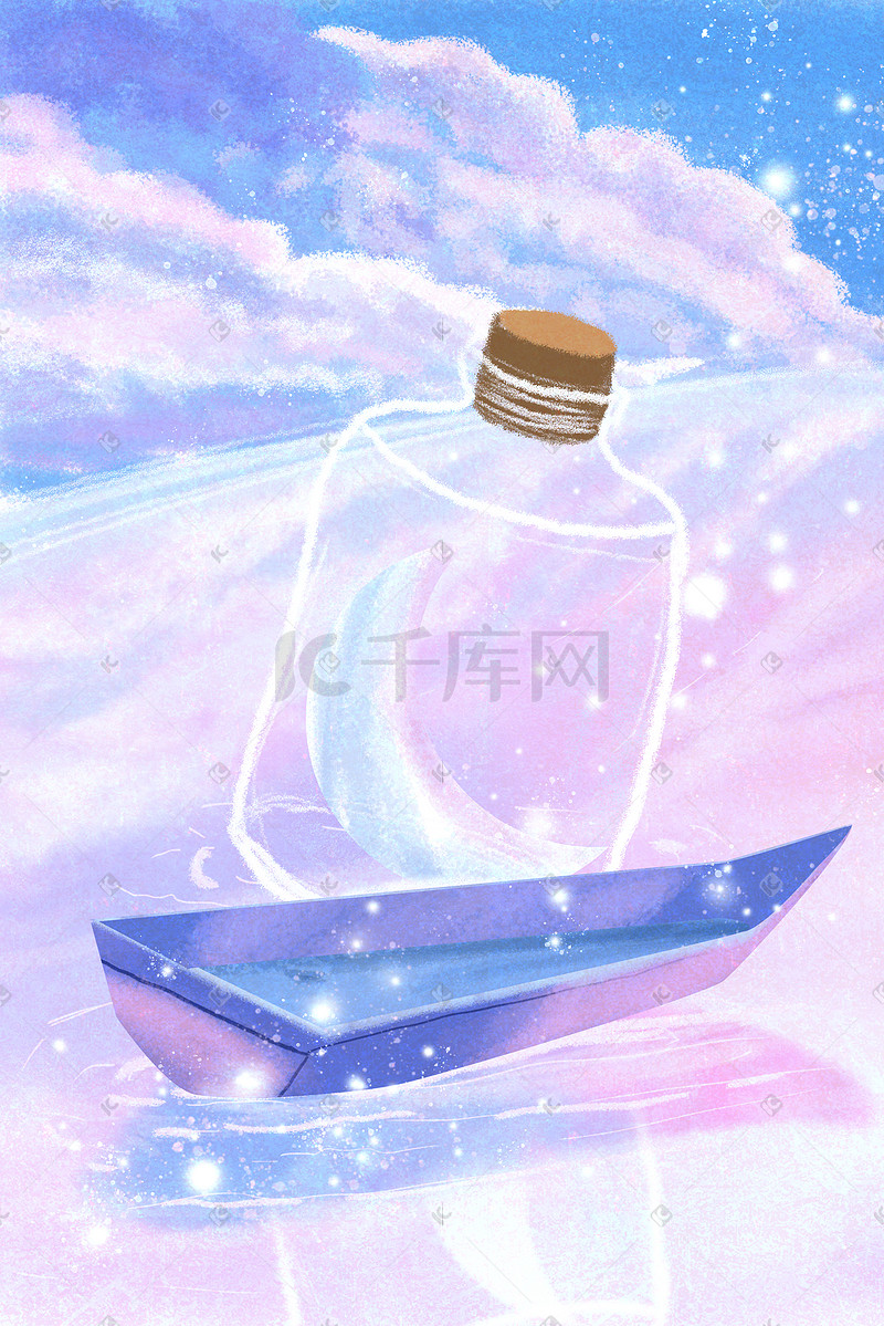 紫色梦幻唯美治愈漂流瓶小船月亮背景图片