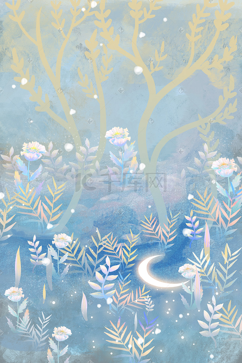 梦幻唯美治愈小清新植物花朵月亮蓝色背景图片