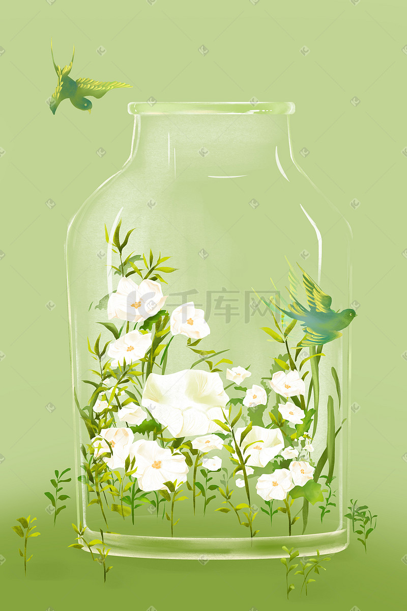 绿色小清新创意春天花丛手绘厚涂插画图片