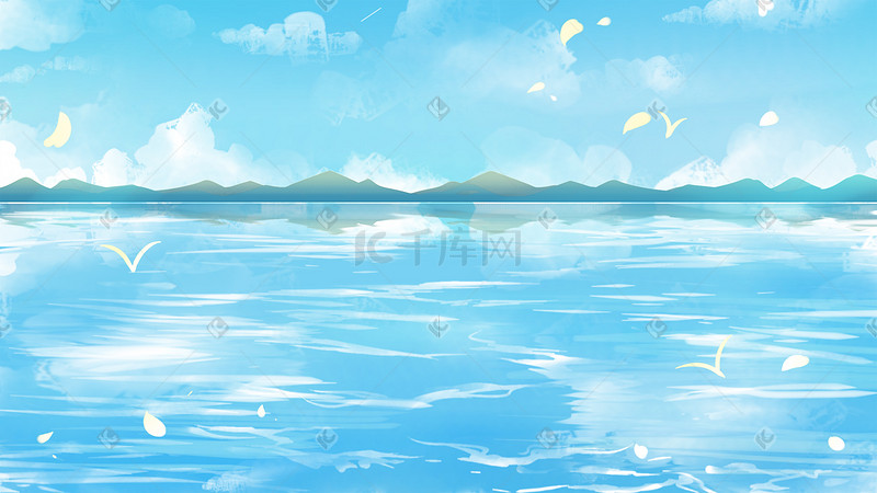 手绘湖水风景插画图片