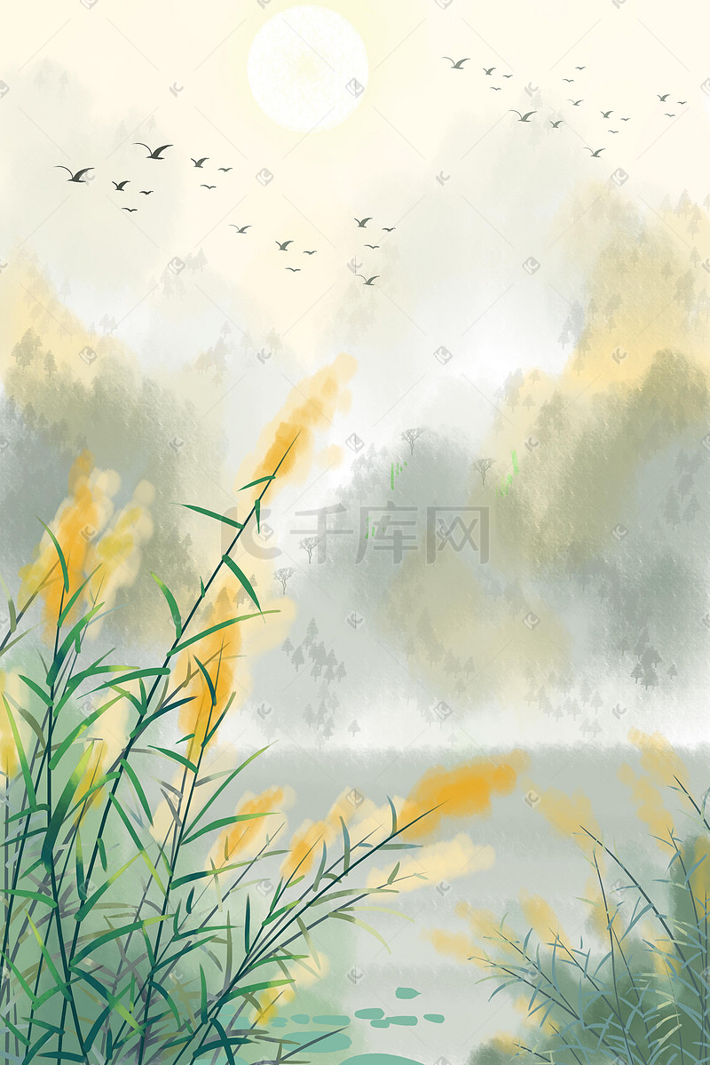 中国风水墨秋天秋季寒露芦苇背景图图片