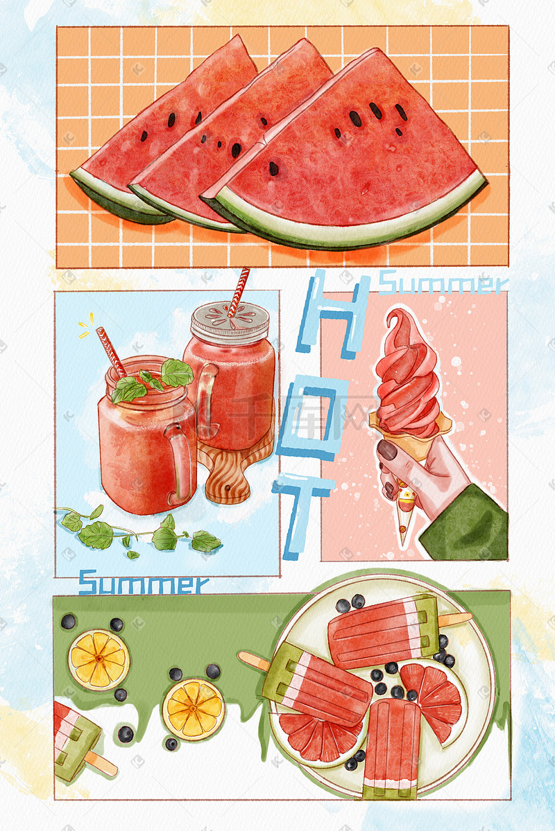 三伏天夏天手绘食物水彩淡彩插画图片
