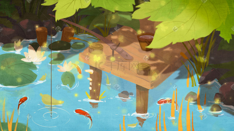 炎热夏天树下小池塘消暑钓鱼红锦鲤图片