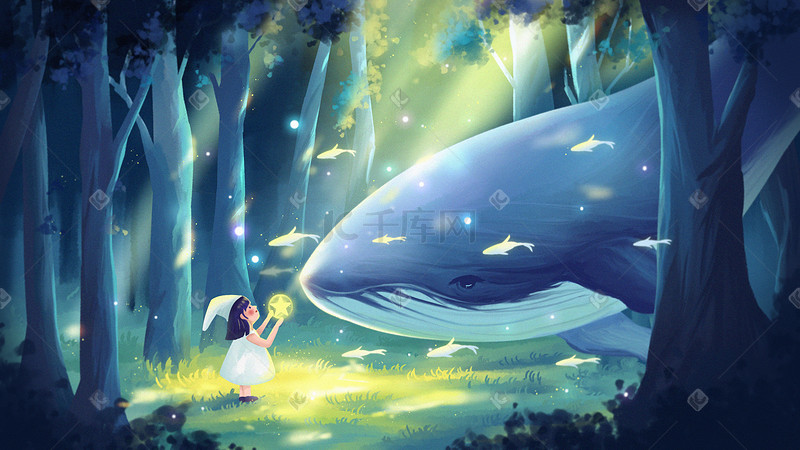 唯美治愈梦幻森林树林鲸鱼与女孩童话故事图片