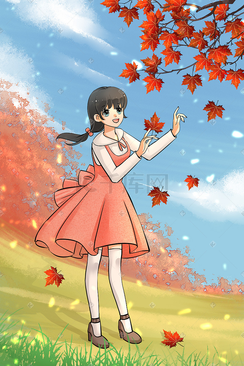 立秋野外秋游采红叶的少女图片