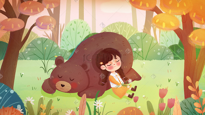 绘本风森林小熊女孩睡觉图片