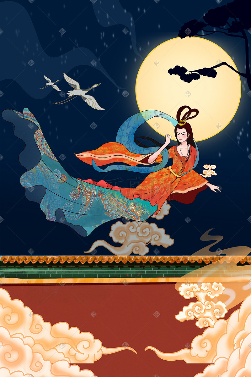 中秋节中秋月饼嫦娥兔子月亮素材插画背景中秋图片