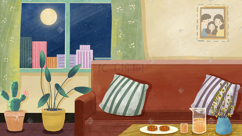 中秋室内兔子沙发桌子月饼手绘夜景月亮中秋图片