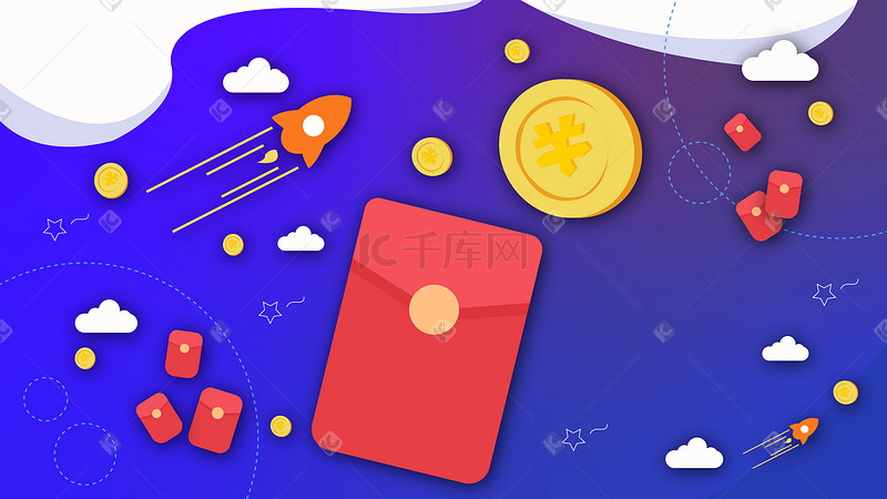 蓝色扁平宇宙火箭金币红包金融科技矢量背景图片