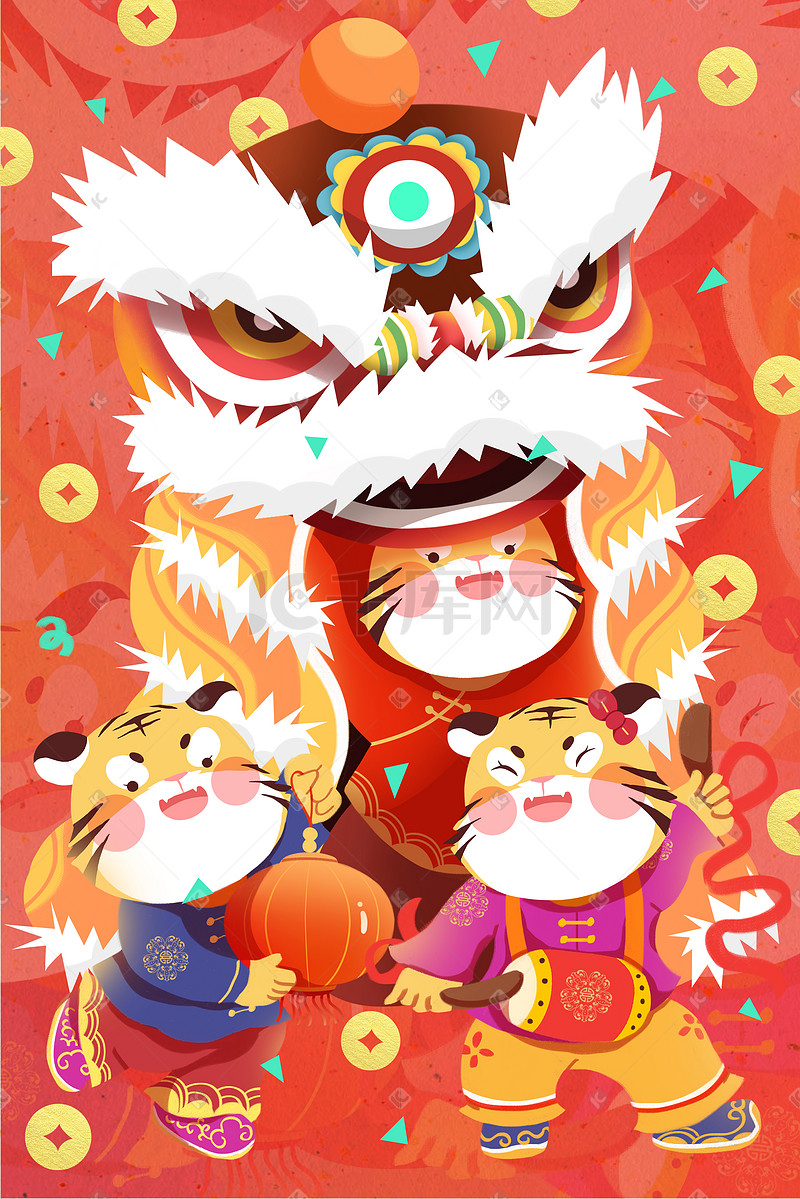 虎年老虎春节新年舞狮插画图片