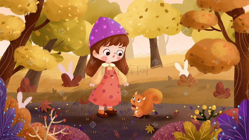 秋分秋天秋季风景背景卡通女孩小松鼠森林图片