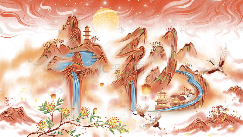 中秋节中秋古风建筑恢弘山水创意中秋场景图片