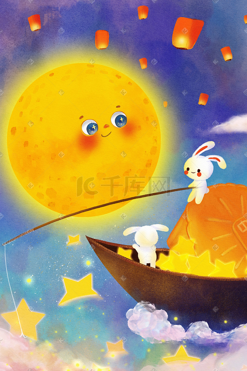 中秋中秋节圆月兔子可爱童话治愈插画背景图片