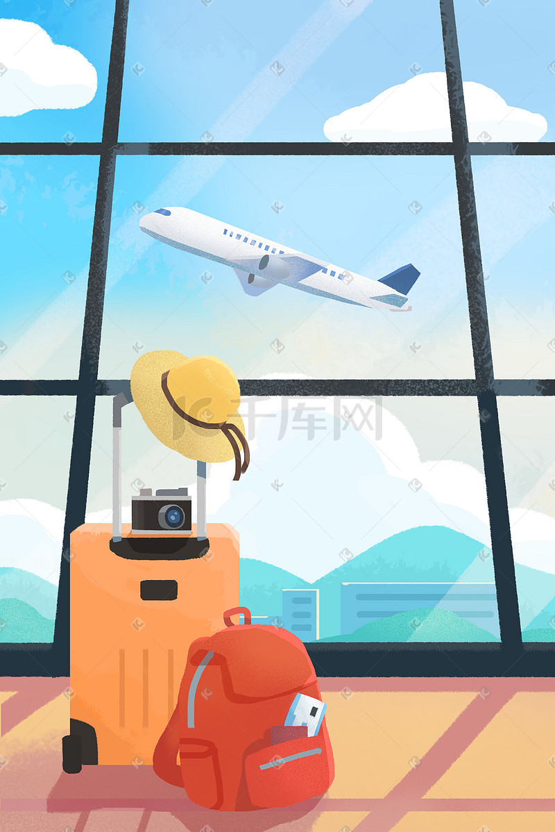 手绘世界旅游日行李箱机场场景插画图片