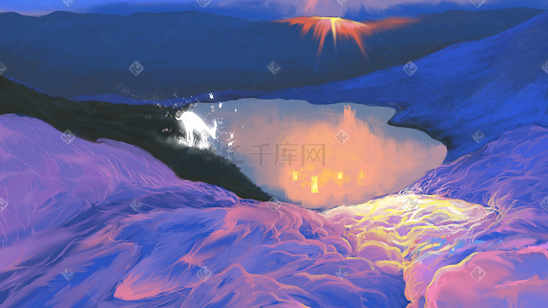 秋天唯美梦幻冰川里的发光麋鹿手绘插画图片