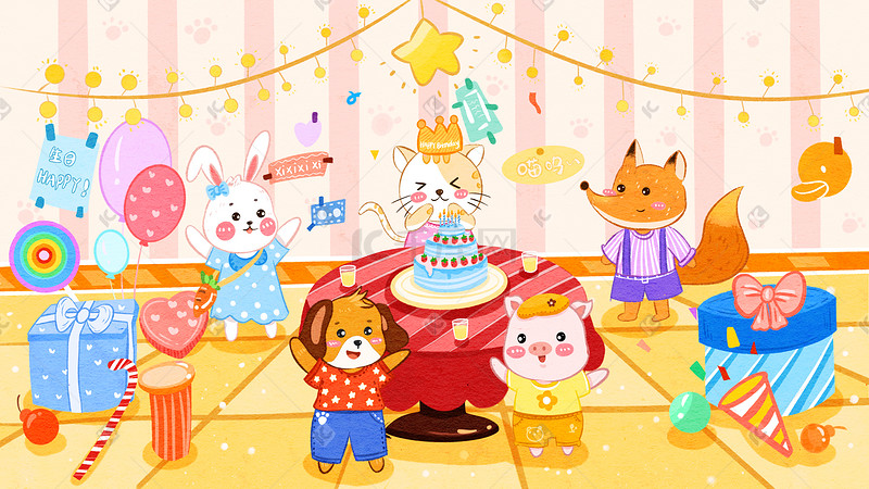动物生日会猫咪小狗狐狸猪兔子欢快蛋糕礼物图片