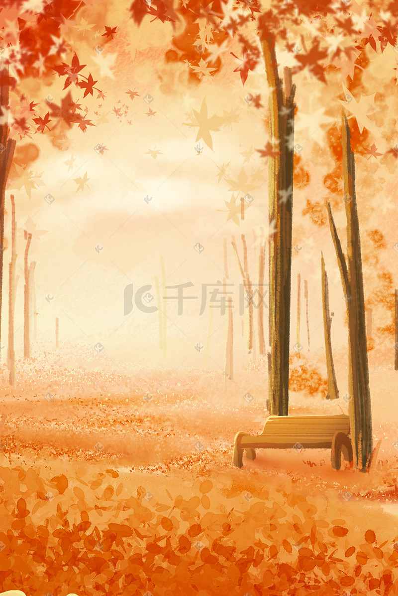秋天落叶枫叶森林长凳旅游秋天手绘图片