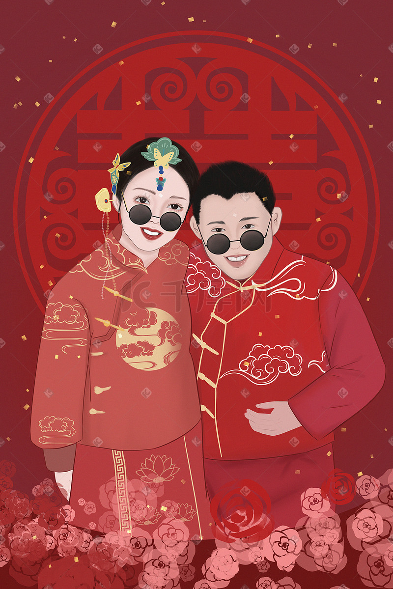 婚礼婚纱照卡通通用中国风邀请函照片图片
