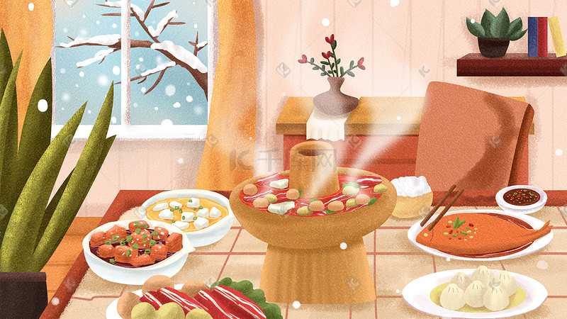 小清新唯美室内火锅美食手绘食物冬季场景图片