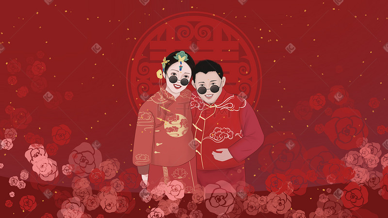 中式婚礼邀请函结婚照女婚礼照卡通版通用图片