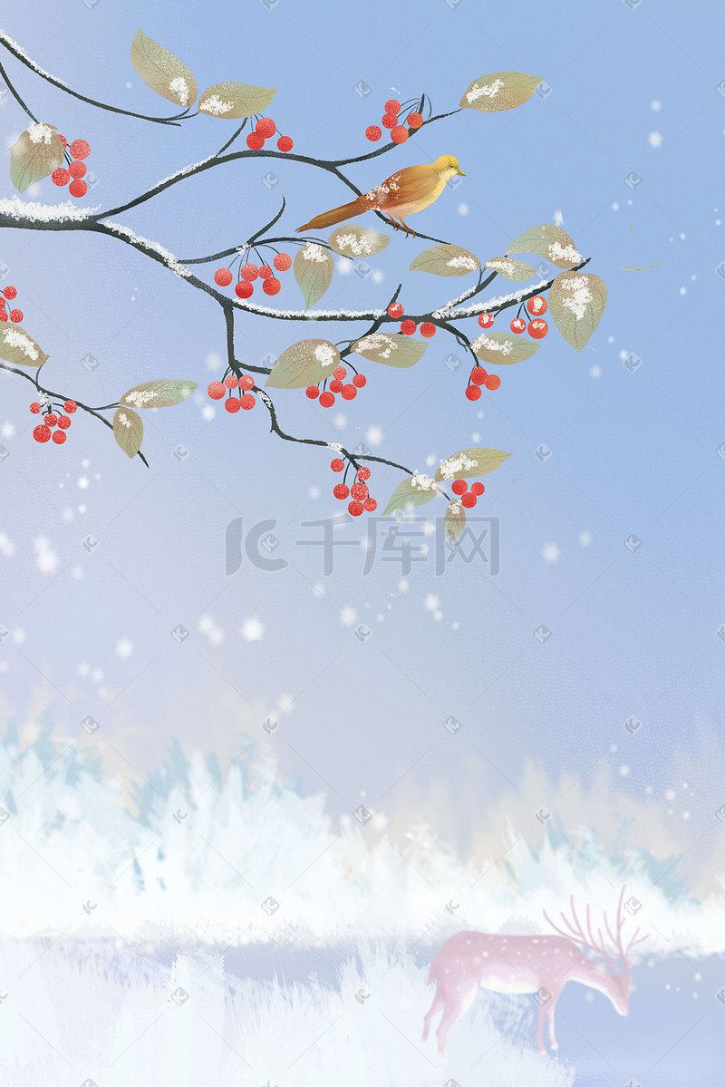卡通立冬节气果实树枝鸟儿雪景插画海报背景图片