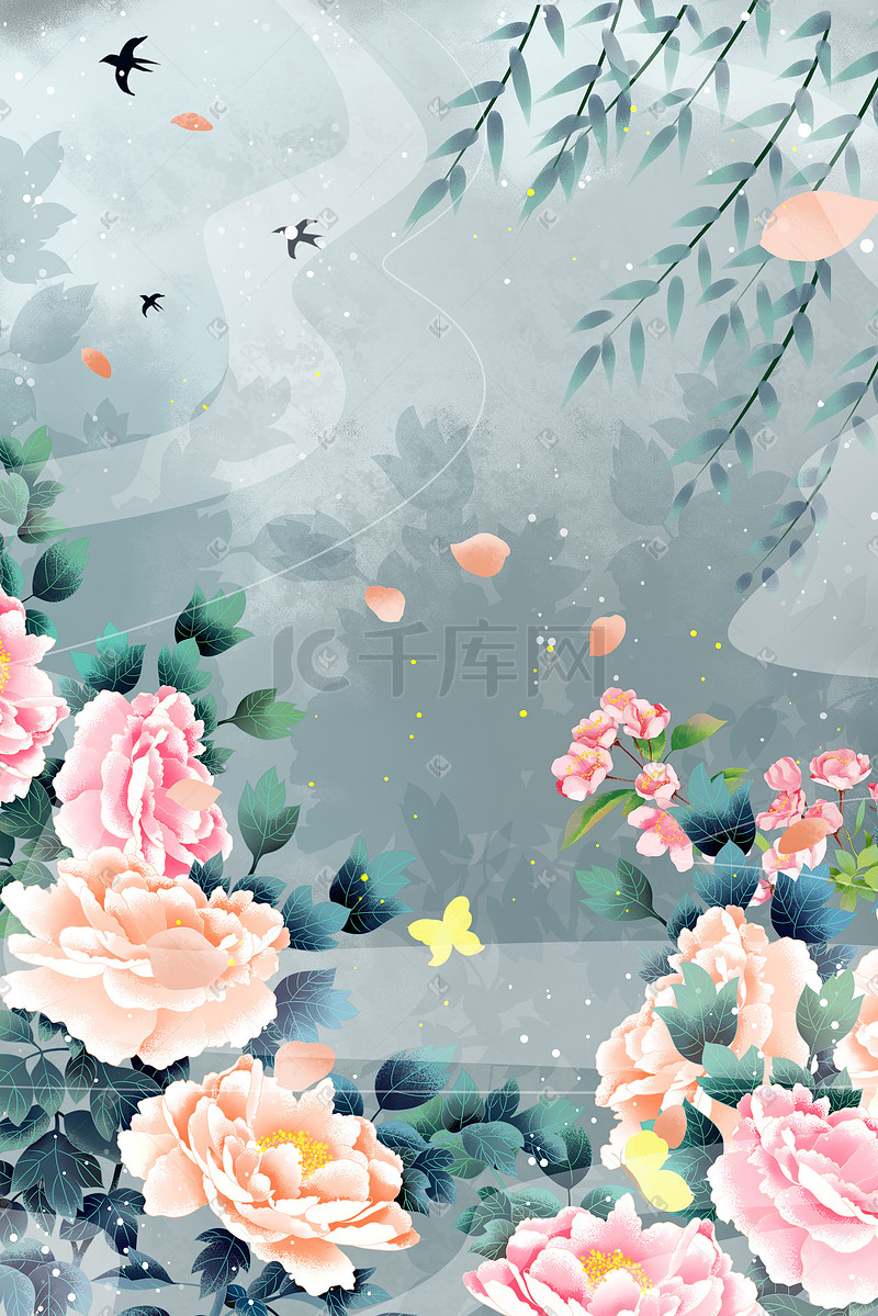 中国风手绘牡丹国风花朵柳枝落叶花瓣场景图片