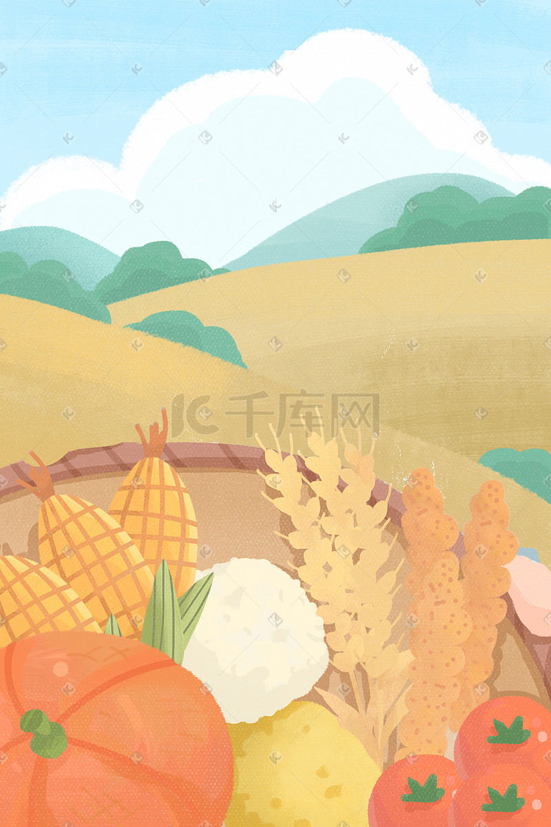 秋天丰收粮食蔬菜玉米南瓜麦子秋收场景图片