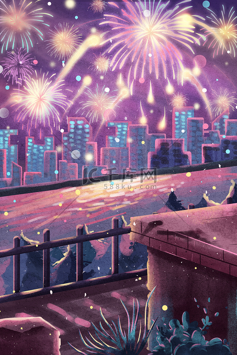 城市新年春节烟花浪漫紫色治愈系诞圣诞节新年配图烟花图片