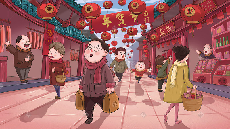手绘中国风新年春节买年货年货节插画海报背图片
