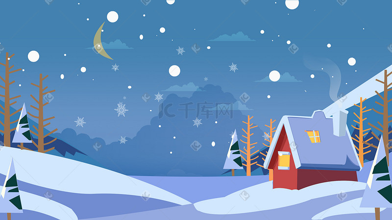 圣诞节圣诞扁平冬天下雪房屋雪地树木天空唯美景色图片