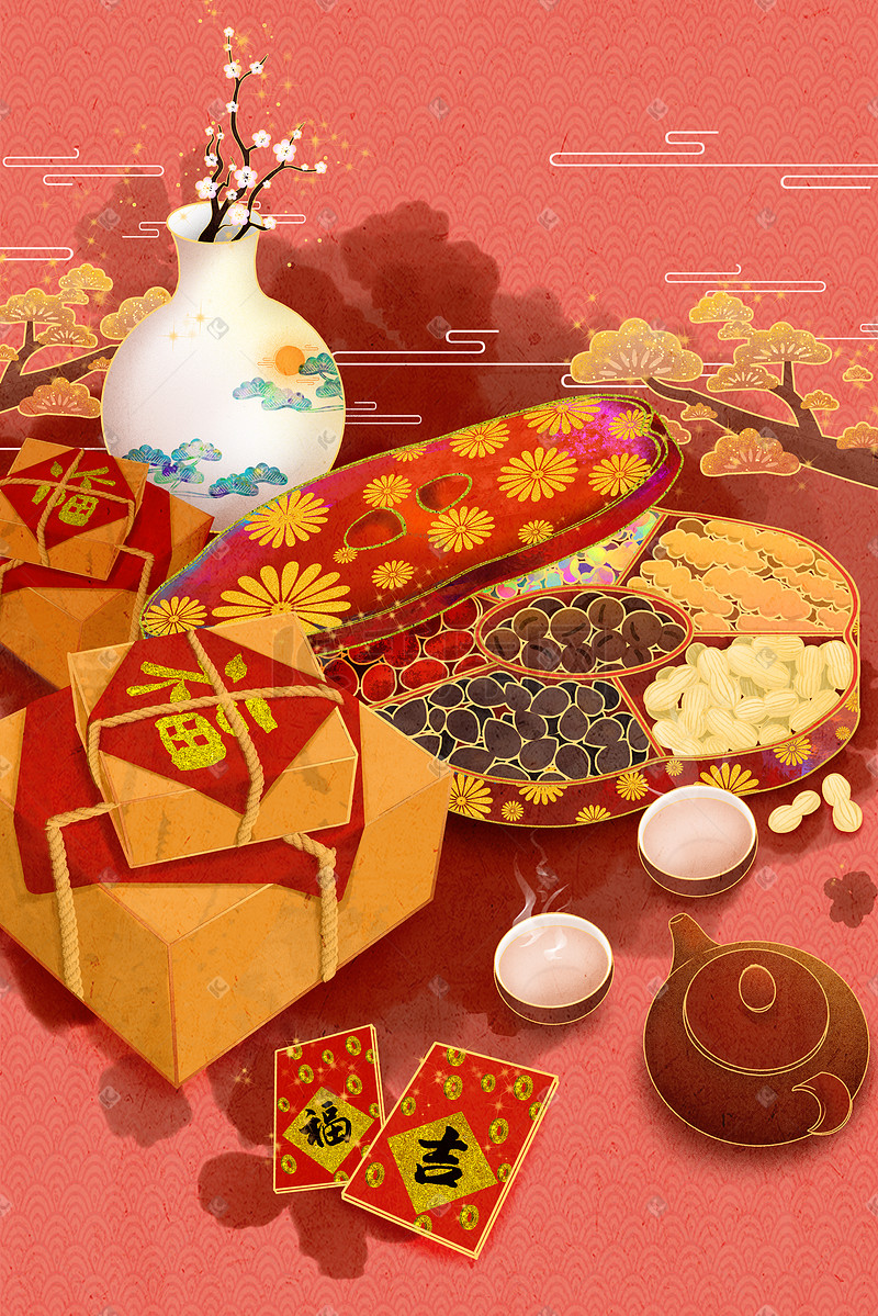 国潮古风新年春节买年货购物场景手绘插画图片