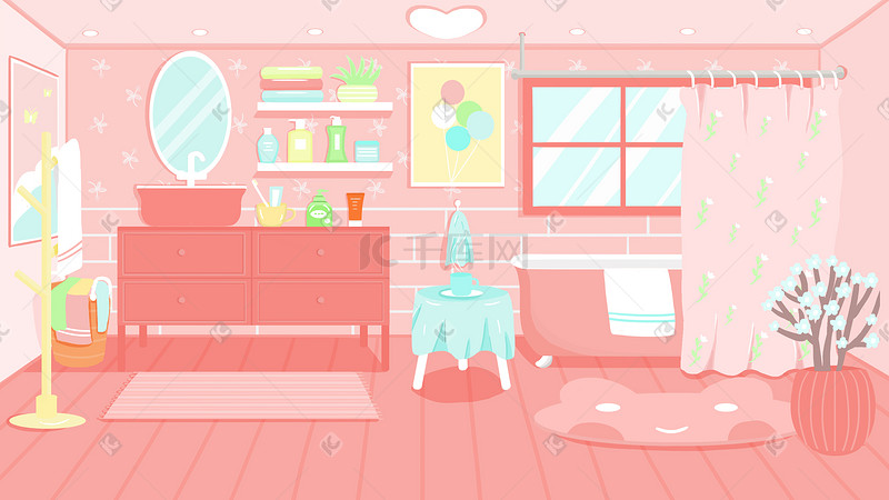 扁平浴室粉色少女心浪漫场景图片