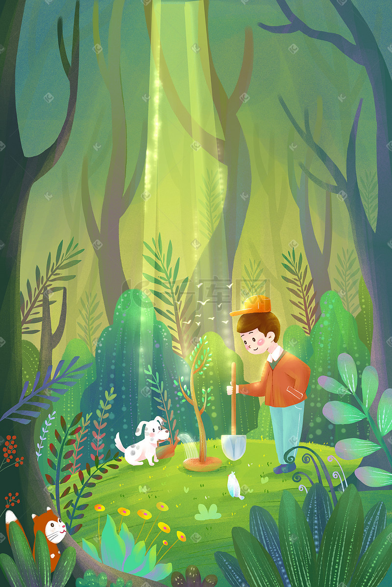 植树节森林里种树的小朋友手绘插画图片