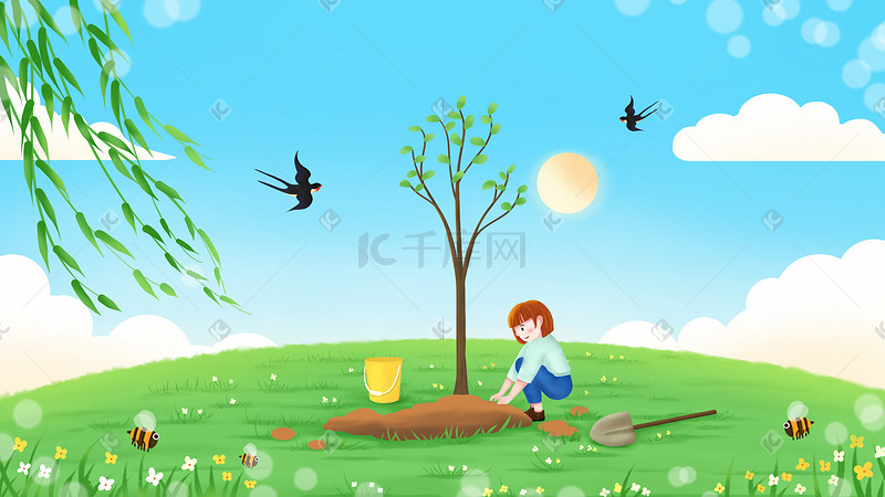 卡通扁平风植树节小女孩种树插画海报背景图片