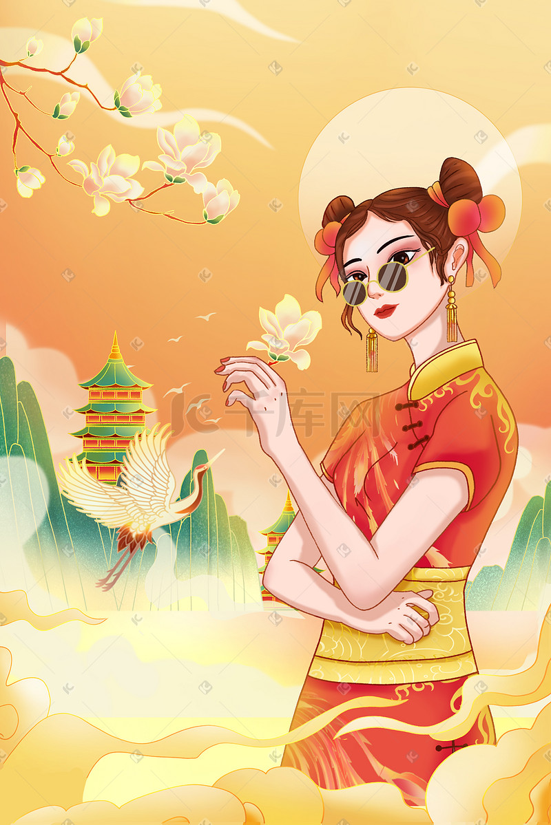 国潮风38妇女节女神节国潮美女插画海报图片