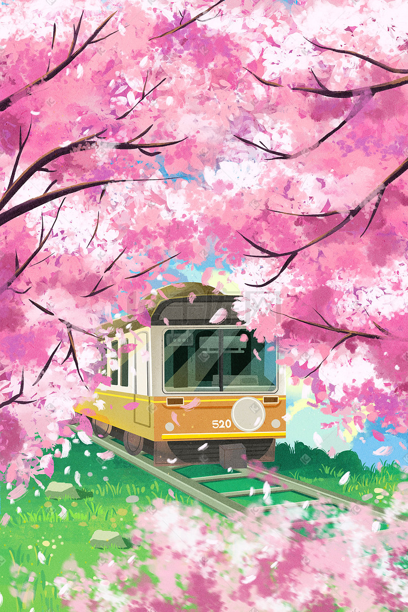 唯美春天赏樱花小火车樱花节插画海报花朵花图片