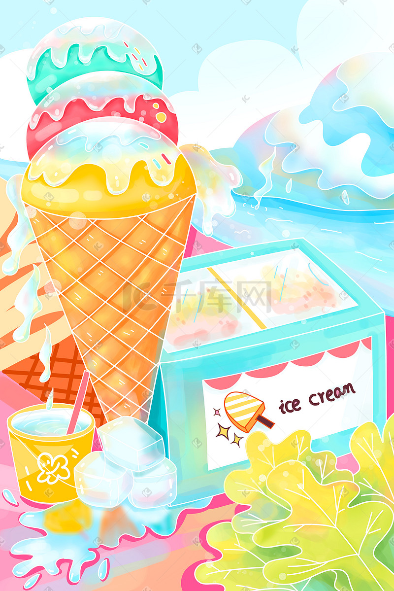 卡通缤纷夏日冰淇淋雪糕冰块夏天大暑图片