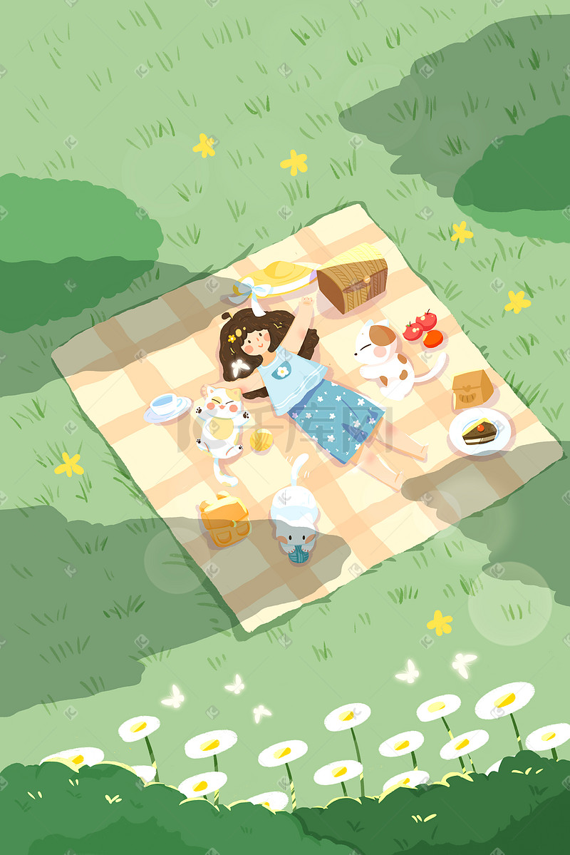 夏天草地野餐猫动物蛋糕花阳光蝴蝶女孩图片