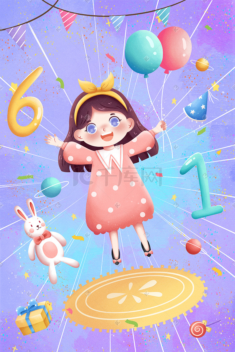 六一儿童节可爱女孩气球兔子布娃娃手绘卡通图片