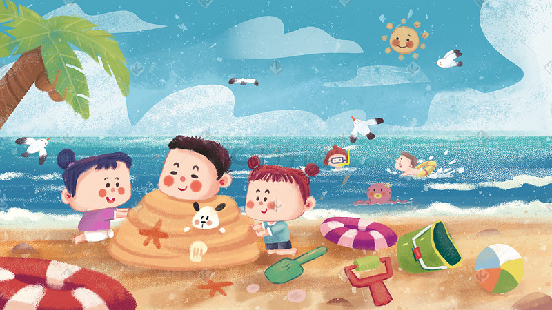 夏天儿童玩耍海边沙滩玩沙子玩具海鸥图片