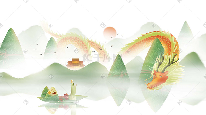 中国风端午节古人粽子端午龙插画海报背景图片